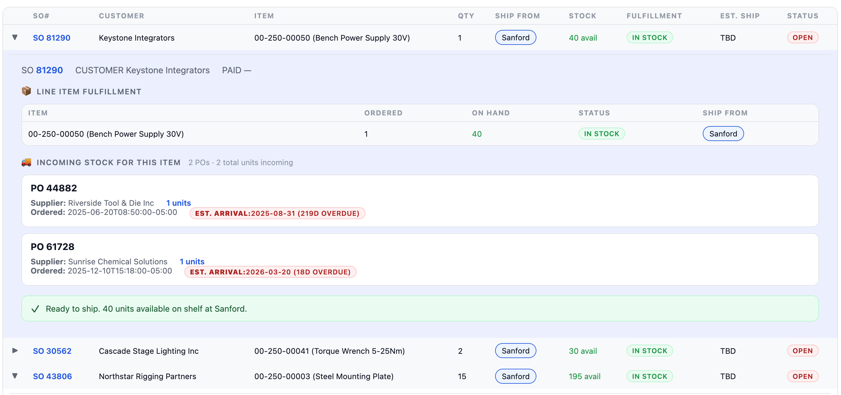 Inventory Control Center order management screenshot